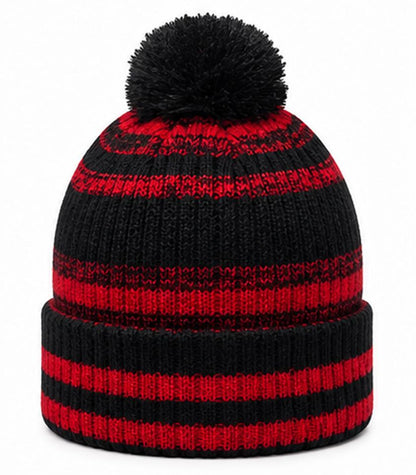 Striped Pom-Pom Knit Beanie — Black & Red | Cozy Winter Hat