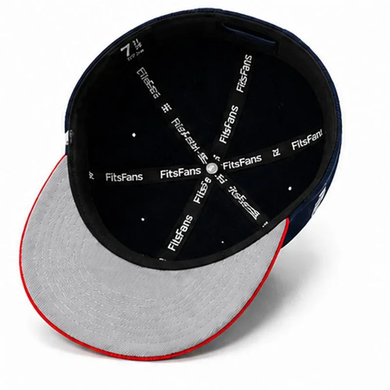 Interior view of fitted cap with gray underbrim and black sweatband featuring FitsFans logo
