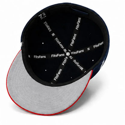Interior view of fitted cap with gray underbrim and black sweatband featuring FitsFans logo