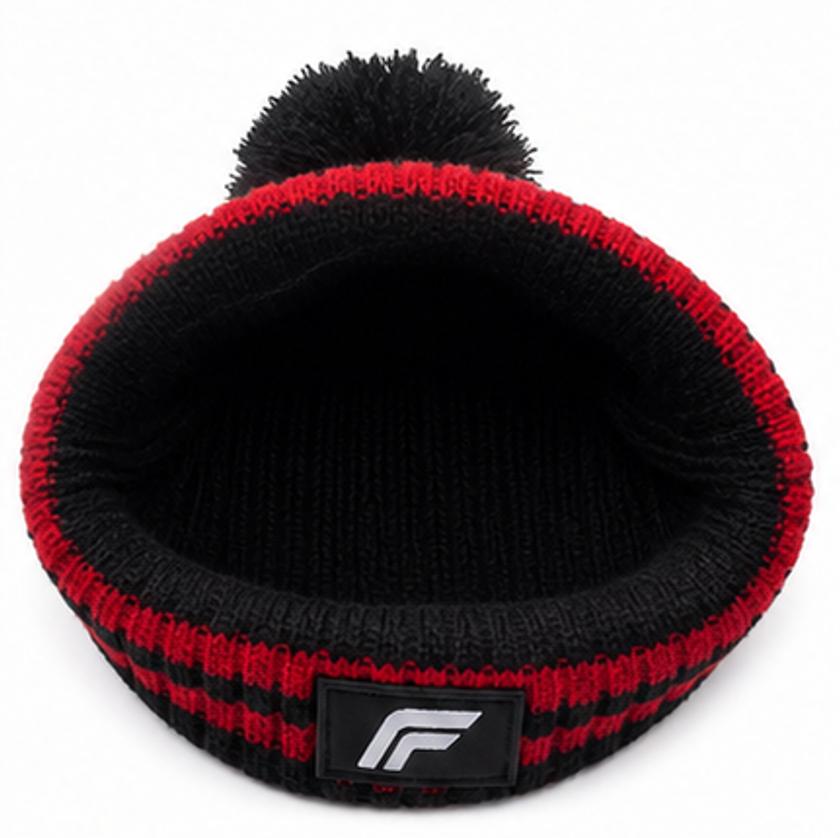Striped Pom-Pom Knit Beanie — Black & Red | Cozy Winter Hat