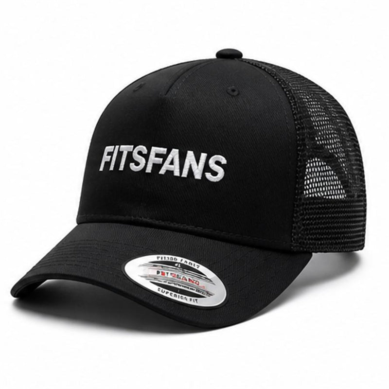 Black trucker cap with mesh back and FITSFANS text embroidered on the front panel