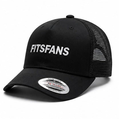 Black trucker cap with mesh back and FITSFANS text embroidered on the front panel
