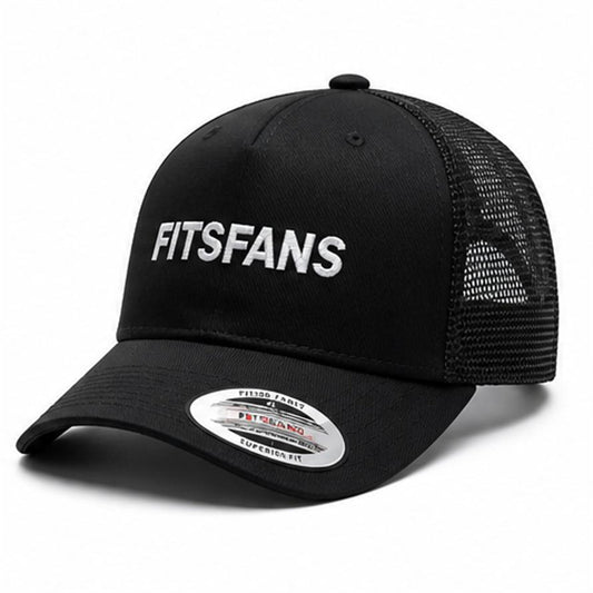 Black trucker cap with mesh back and FITSFANS text embroidered on the front panel