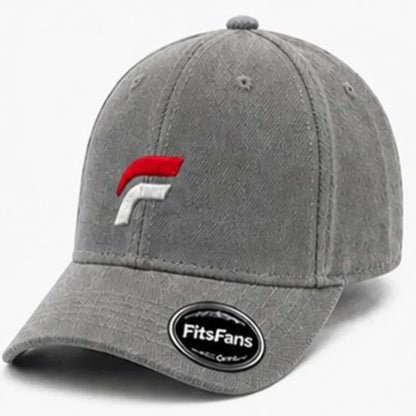 Gray fitted baseball cap with red and white embroidered logo, FitsFans sticker on brim