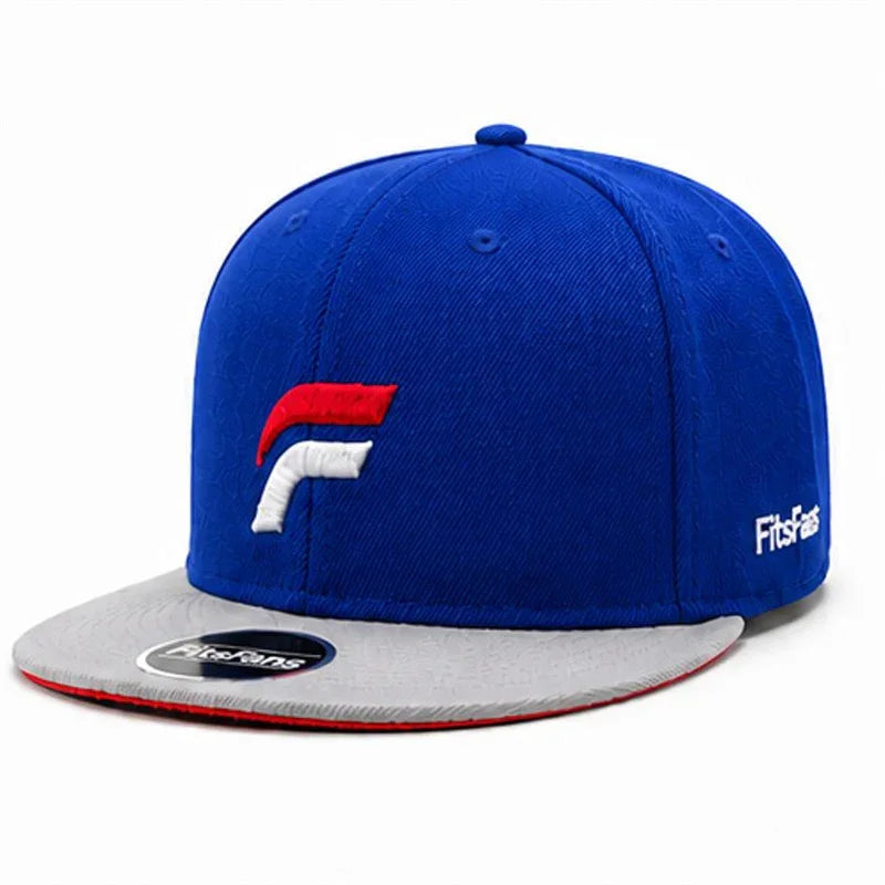 Blue and grey flat brim hat with red and white embroidered logo, FitsFansHats text on side