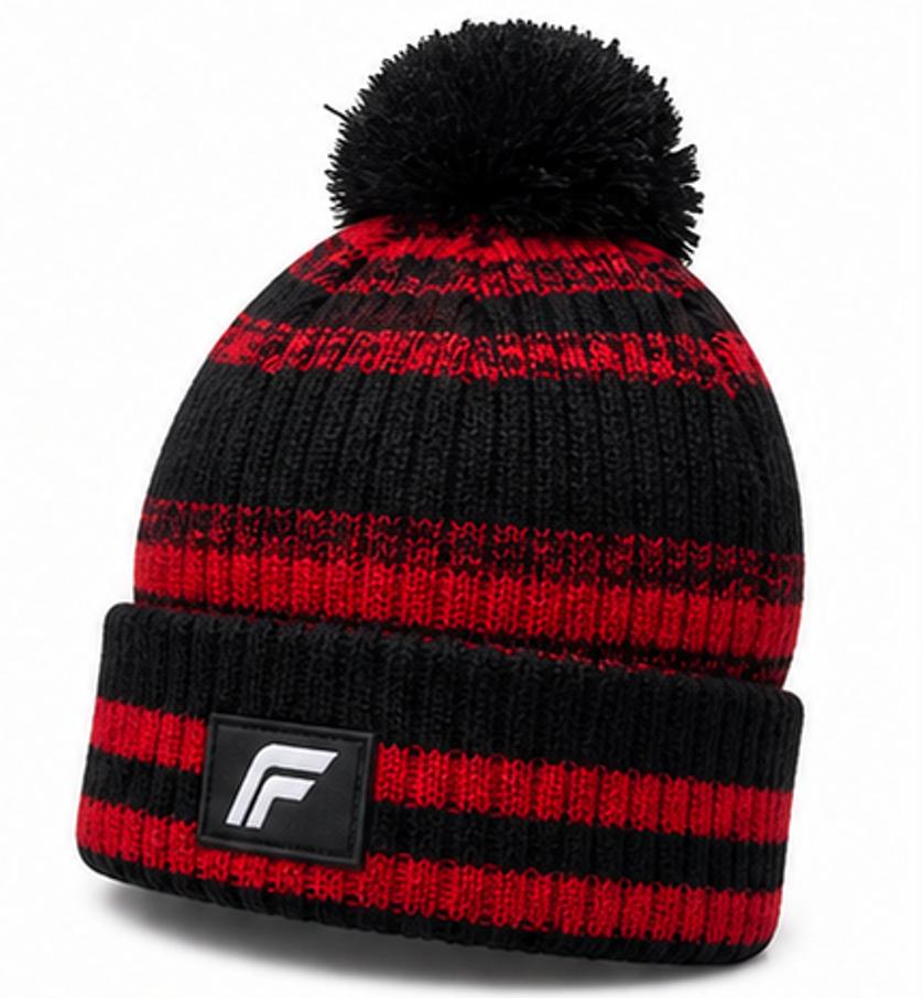 Striped Pom-Pom Knit Beanie — Black & Red | Cozy Winter Hat