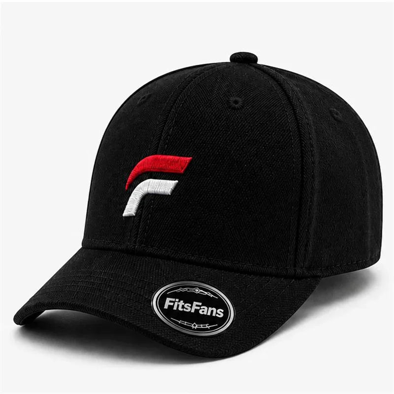 Black baseball cap with red and white embroidered logo and FitsFans sticker on brim