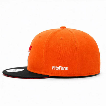 Orange and black flat brim snapback hat with FitsFans logo, modern streetwear cap