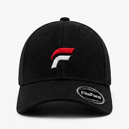 Black baseball cap with red and white embroidered F logo on front and curved brim