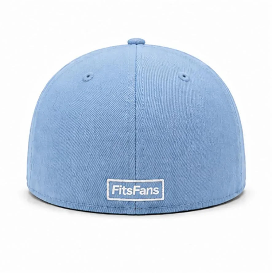 Light blue fitted cap with embroidered FitsFans logo on back, textured fabric, white background