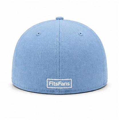 Light blue fitted cap with embroidered FitsFans logo on back, textured fabric, white background