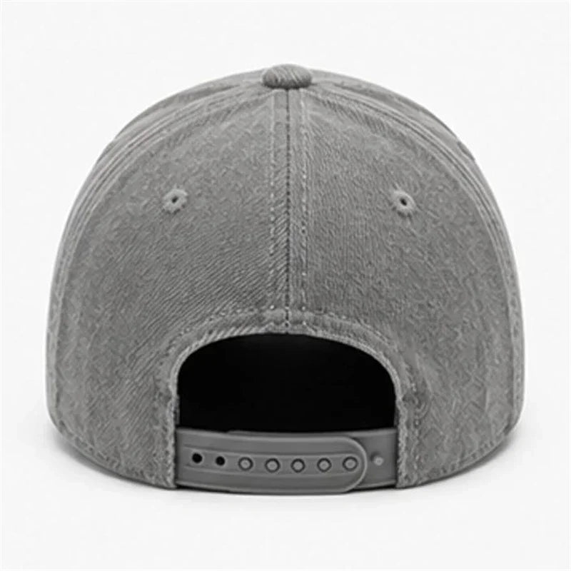 Back view of a grey snapback hat with adjustable closure on white background