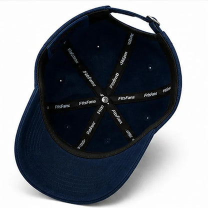 Interior view of navy blue adjustable baseball cap showing branded sweatband and stitching