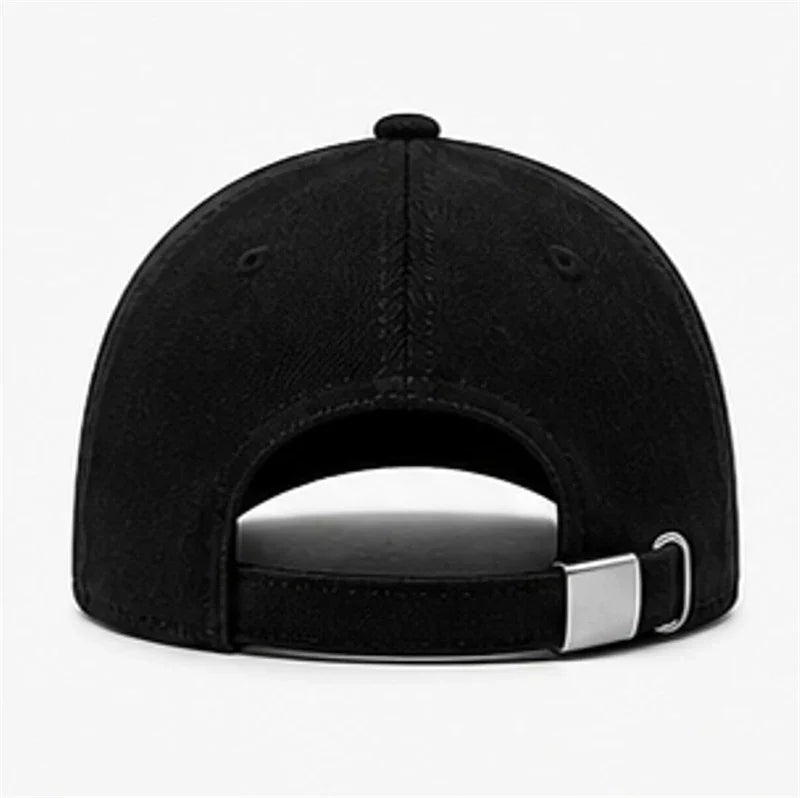 Back view of black baseball cap with adjustable strap and metal buckle