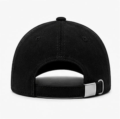 Back view of black baseball cap with adjustable strap and metal buckle