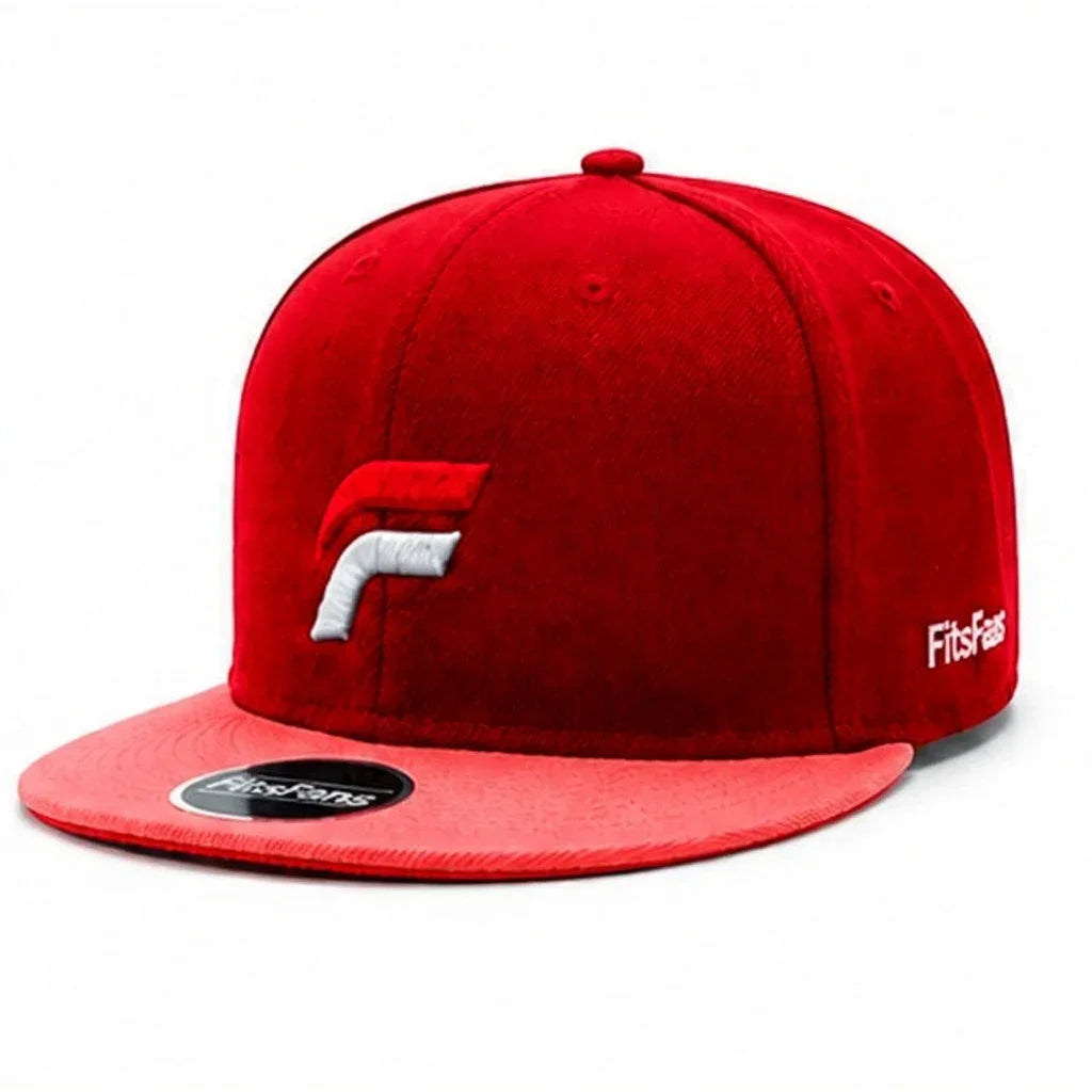 Red snapback hat with white and red embroidered logo, flat brim and side text accent