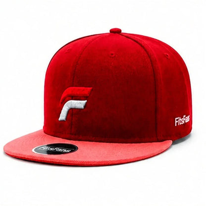 Red snapback hat with white and red embroidered logo, flat brim and side text accent