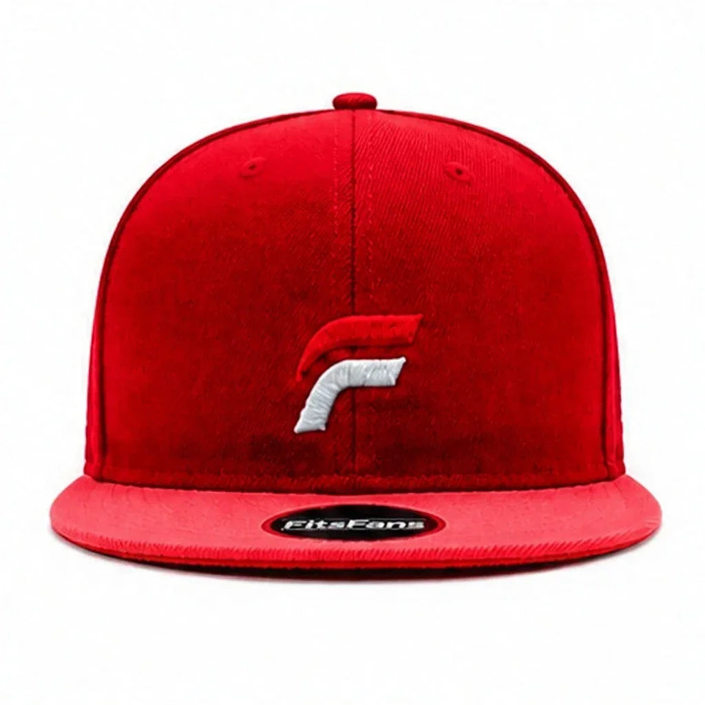 Red snapback hat with embroidered logo and flat brim, sports style cap