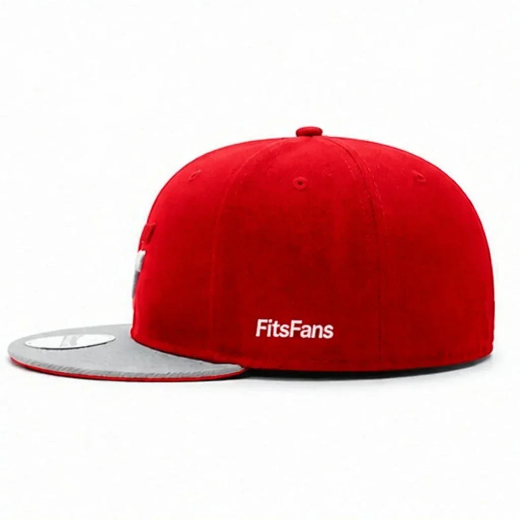 Red snapback hat with gray flat brim and FitsFans text on the side