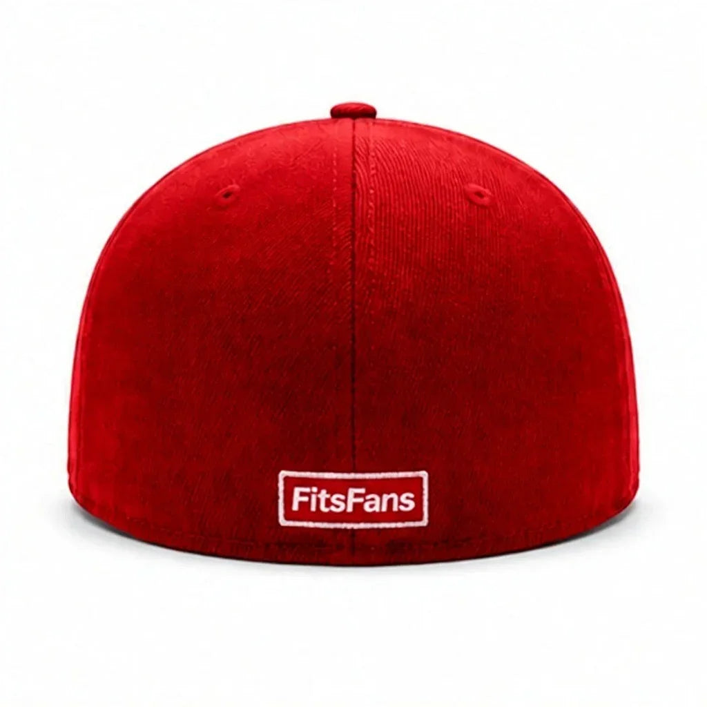Back view of a red fitted cap with white FitsFans label, isolated on white background