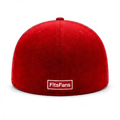 Back view of a red fitted cap with white FitsFans label, isolated on white background